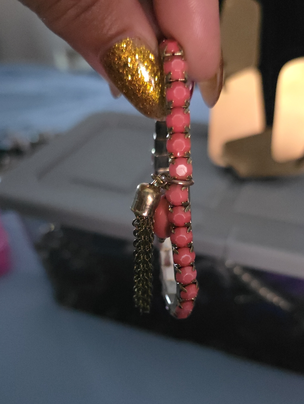 Vintage Pink Beaded Bracelet with Gold Tassel
